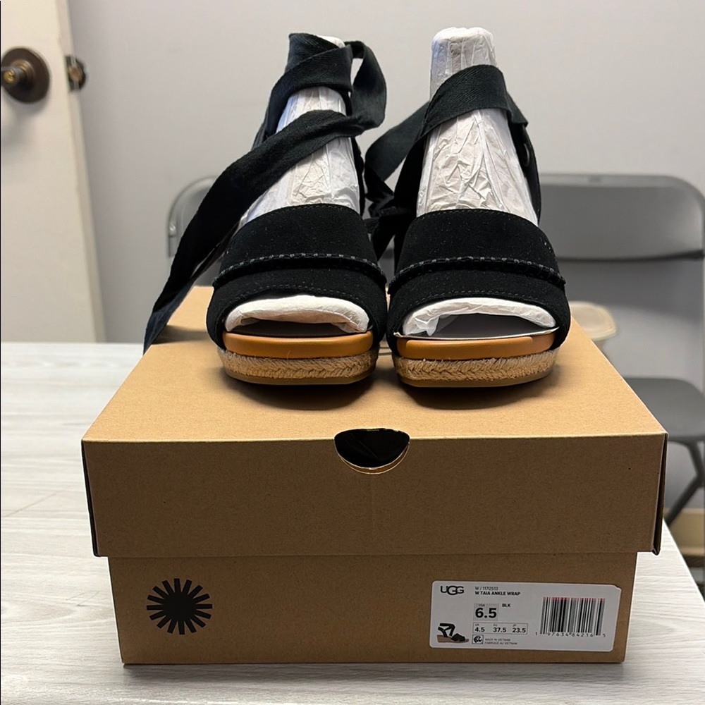 UGG Black Suede Wedge Sandals with Wrap Straps